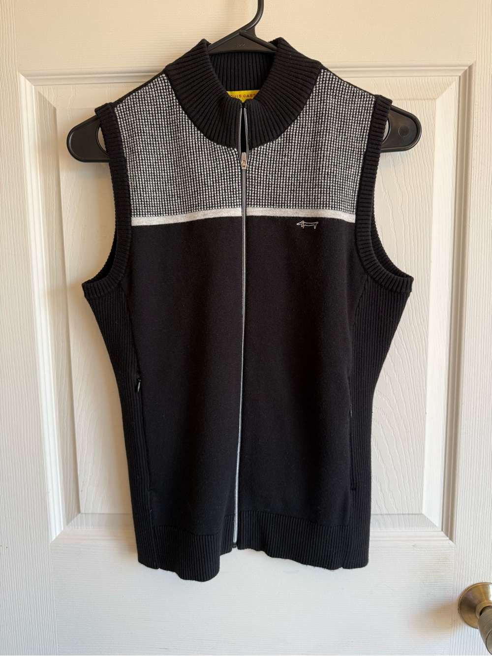 Black Sleeveless Zip-Front Knit Vest with Contrast Yoke